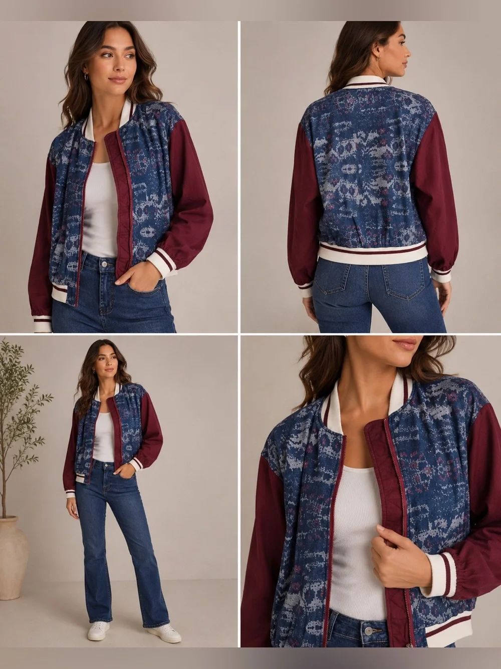 Free People Varsity Dreams Bomber Jacket Small Blue Red Canvas Cotton Linen